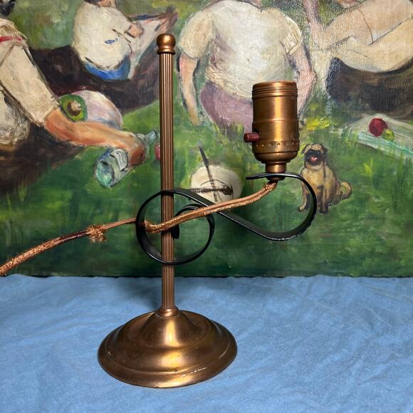 Vintage 30s Copper Desk Lamp and Clip Shade Black Iron Detail Cloth Cord - Picture 4 of 10